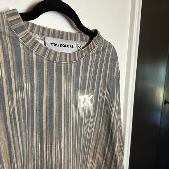 Tru Kolors Men's Blue Tan Vertical Striped Logo Short Sleeve Tee Size XXL - Picture 3 of 8